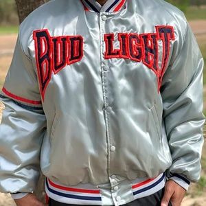 Vintage 90s Bud Light Beer Silver Retro Satin Jacket coat streetwear